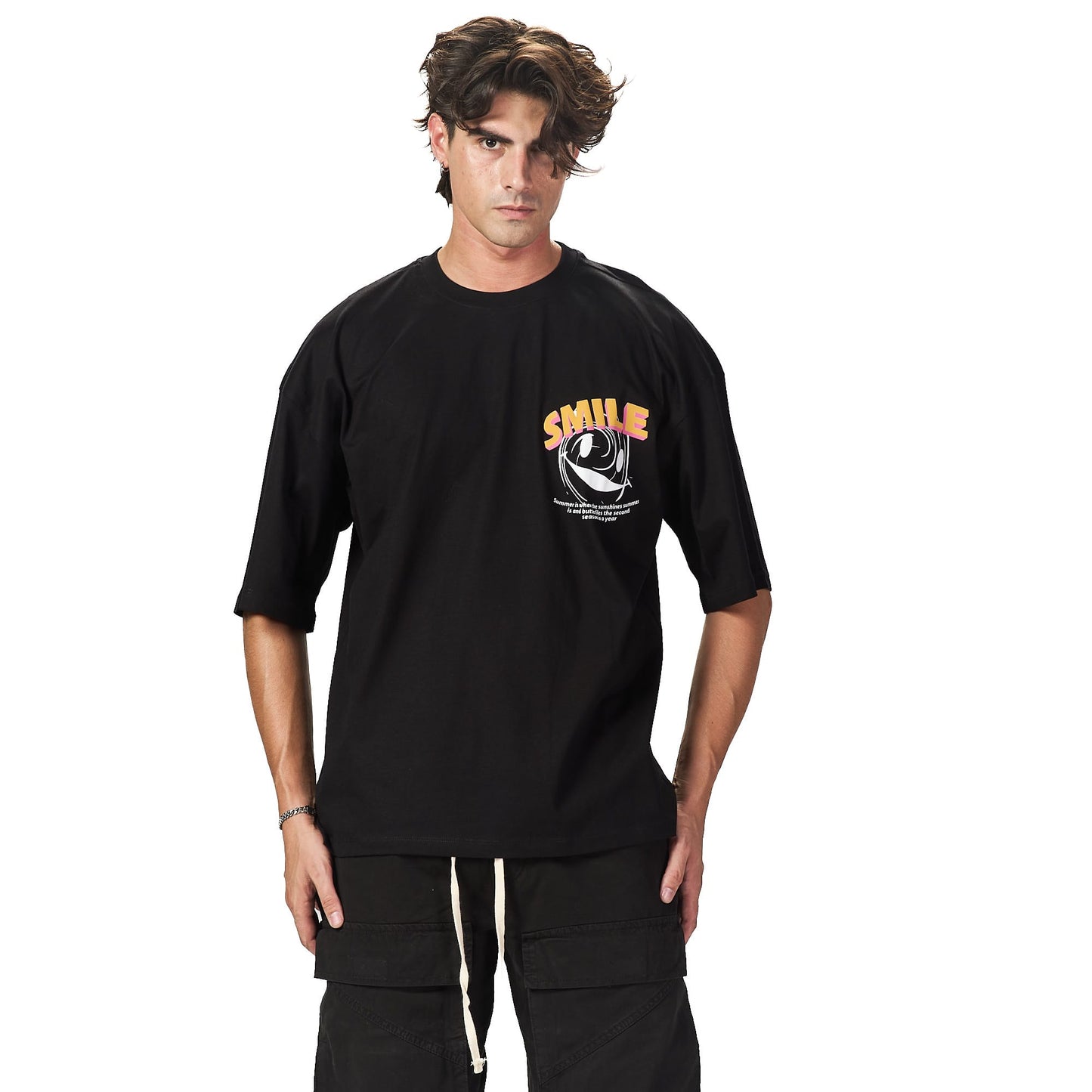 Smile Black Oversized Printed T-shirt